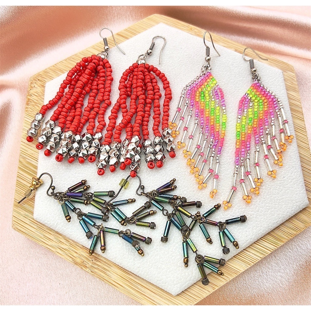 Vintage Seed Beads Dangle Earrings Lot 3 Pairs Multicolor Boho Pierced Red Green
